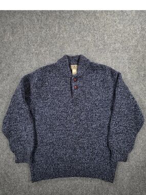 LL Bean Classic Ragg Lambswool Sweater Henley Mens L (Reg) Blue 2 Button